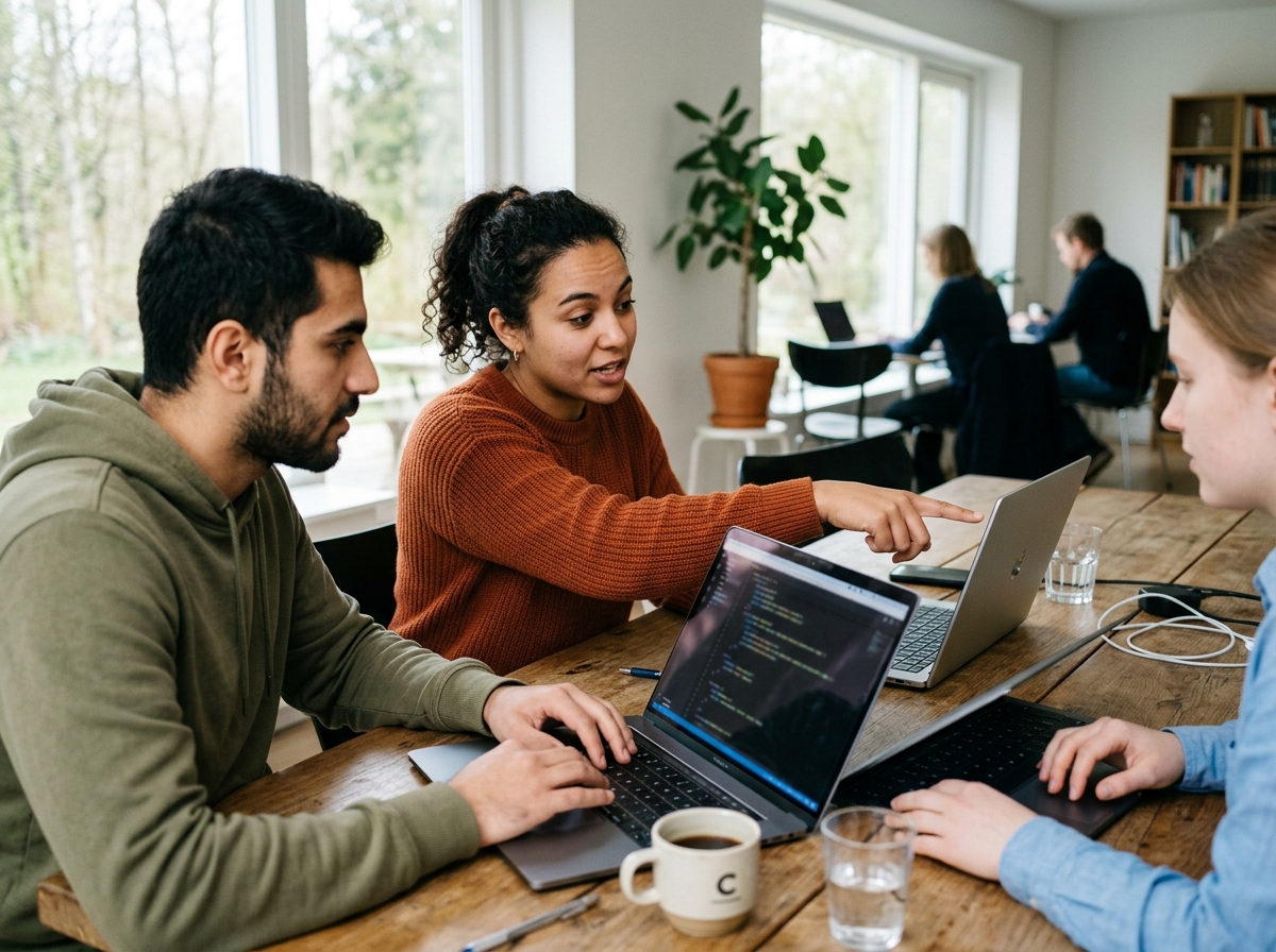 Deltakere jobber sammen på laptoper under en workshop